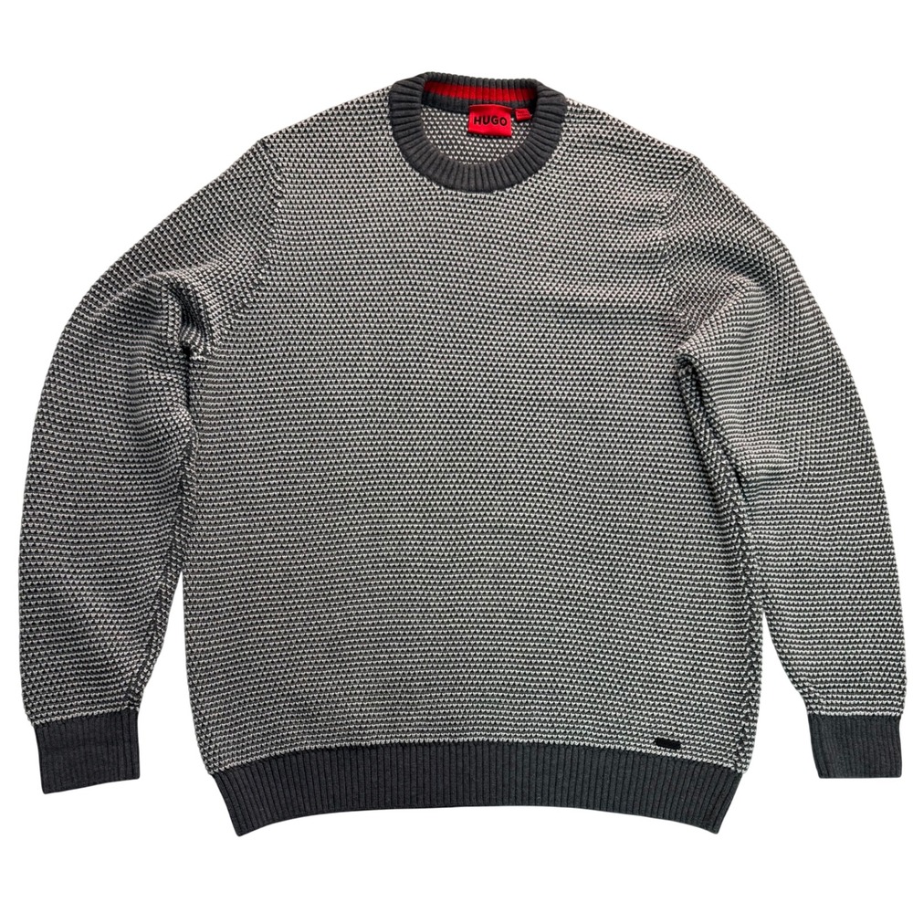 Hugo Boss HUGO Mens Grey White Textured Knit Crewneck Sweater Size Large